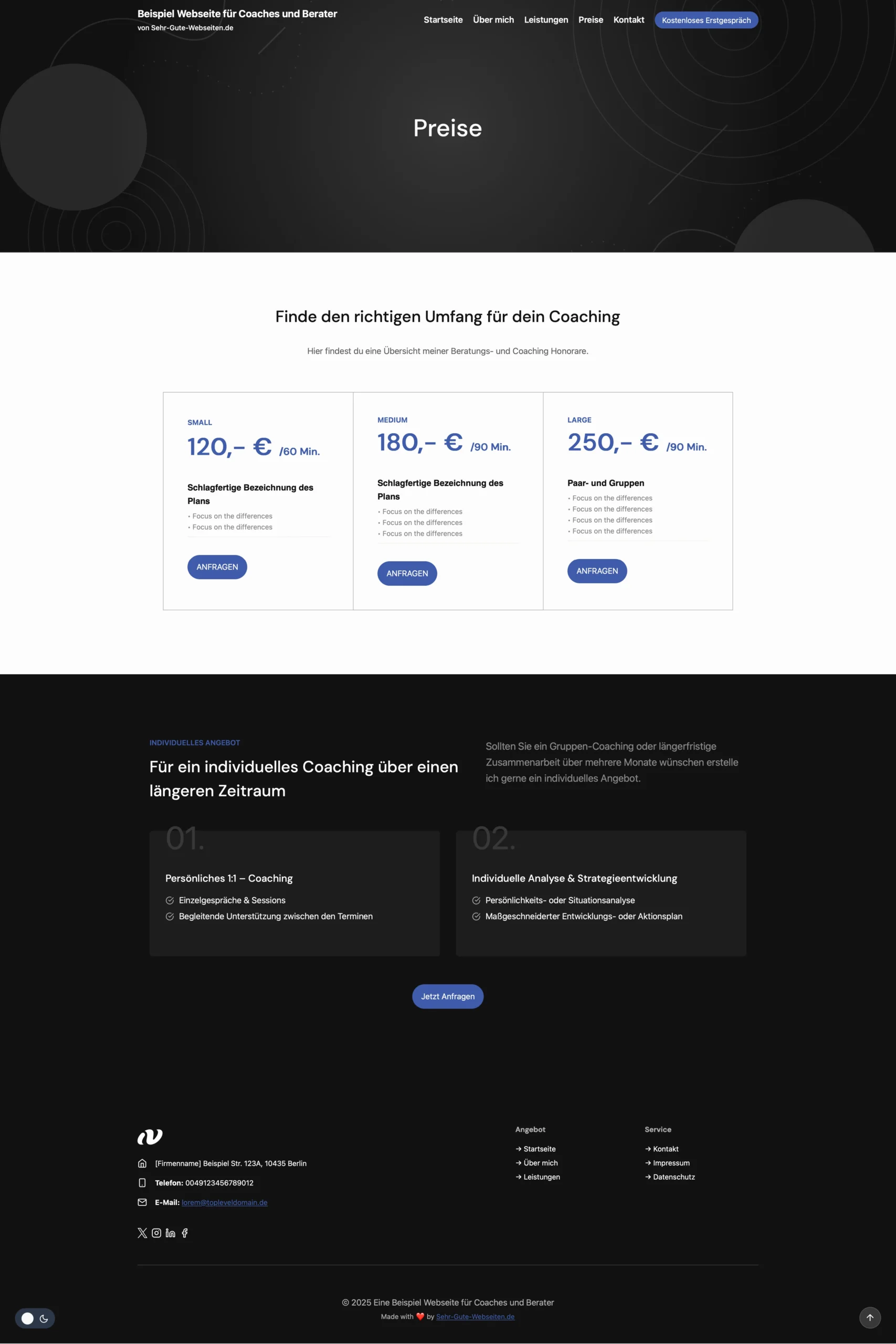 Sehr gute Beispielseite für Coaches und Berater