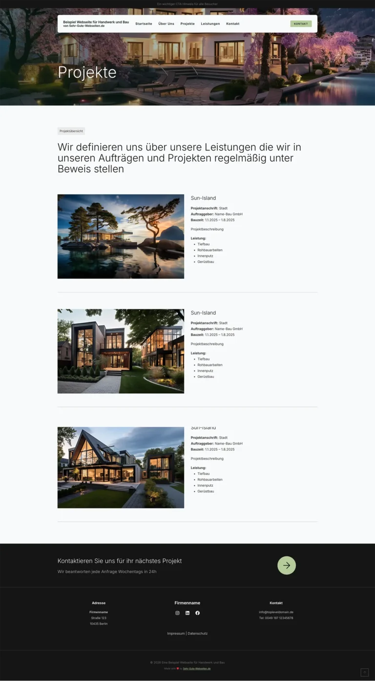 Sehr gute Webseiten Beispiel für eine Projekte Seite für Bau und Bauhandwerk
