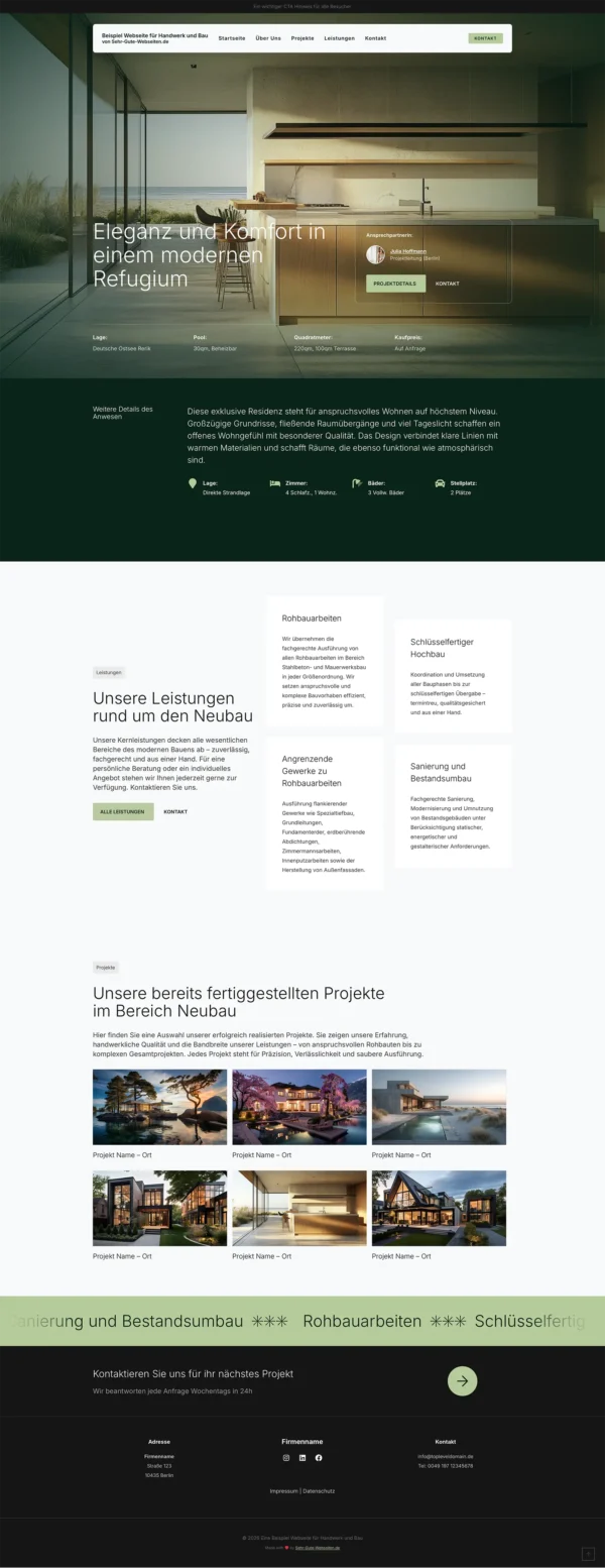 Sehr gute Webseiten Beispiel für eine Startseite für Bau und Handwerk